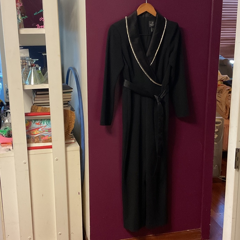 Elegant Black Women's jumpsuit with Satin & rhinestone Trim